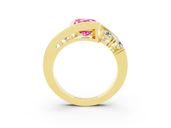 Yellow gold Bezel Set Emerald Cut Pink Sapphire Bypass Ring with Round  Accents