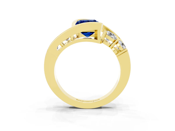 Yellow gold Bezel Set Emerald Cut Blue Sapphire Bypass Ring with Round  Accents