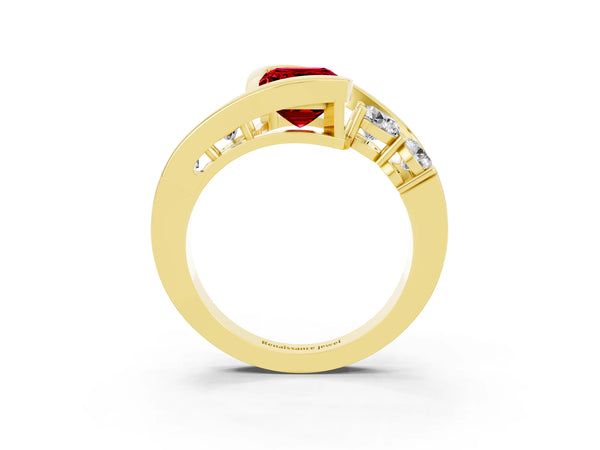 Yellow gold Bezel Set Emerald Cut Ruby Bypass Ring with Round  Accents