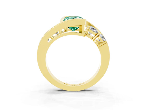 Yellow gold Bezel Set Emerald Cut Green Sapphire Bypass Ring with Round  Accents
