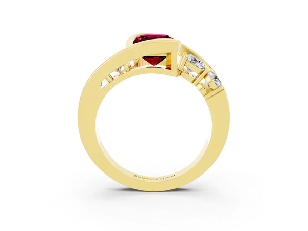 Yellow gold Bezel Set Emerald Cut Garnet Bypass Ring with Round  Accents