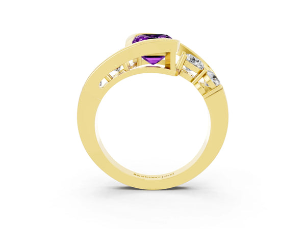 Yellow gold Bezel Set Emerald Cut Amethyst Bypass Ring with Round  Accents