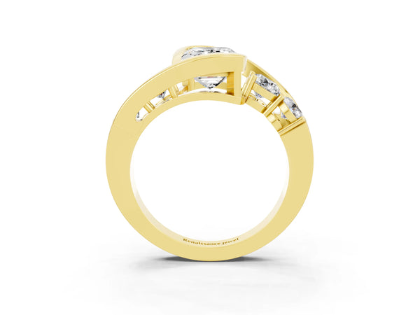 Yellow gold Bezel Set Emerald Cut Moissanite Bypass Ring with Round  Accents