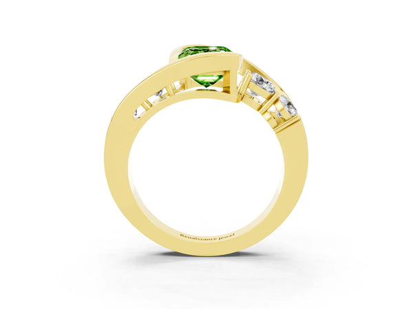 Yellow gold Bezel Set Emerald Cut Peridot Bypass Ring with Round  Accents