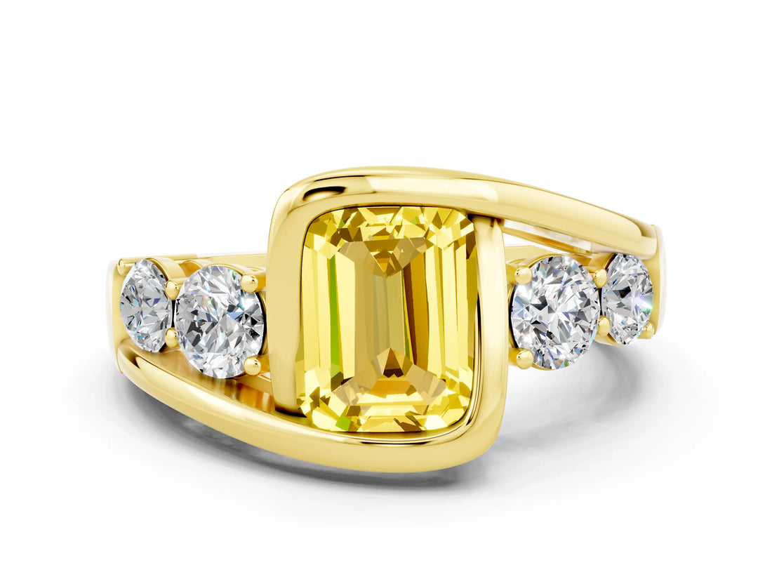 Yellow gold Bezel Set Emerald Cut Diamond Split Shank Ring