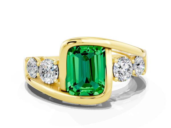 Yellow gold Bezel Set Emerald Cut Emerald Bypass Ring with Round  Accents