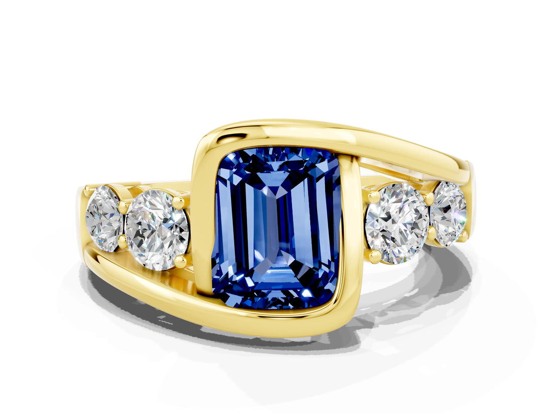 Yellow gold Bezel Set Emerald Cut Diamond Split Shank Ring
