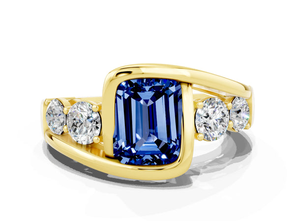 Yellow gold Bezel Set Emerald Cut Blue Sapphire Bypass Ring with Round  Accents