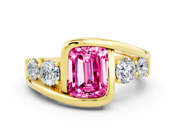 Yellow gold Bezel Set Emerald Cut Pink Sapphire Bypass Ring with Round  Accents