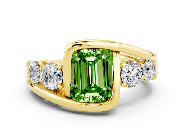 Yellow gold Bezel Set Emerald Cut Peridot Bypass Ring with Round  Accents