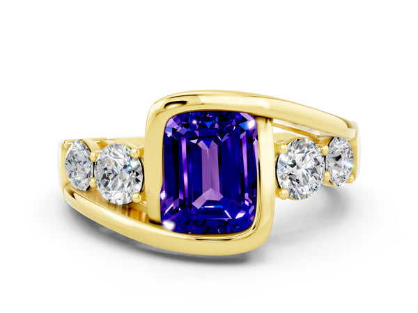 Yellow gold Bezel Set Emerald Cut Tanzanite Bypass Ring with Round  Accents