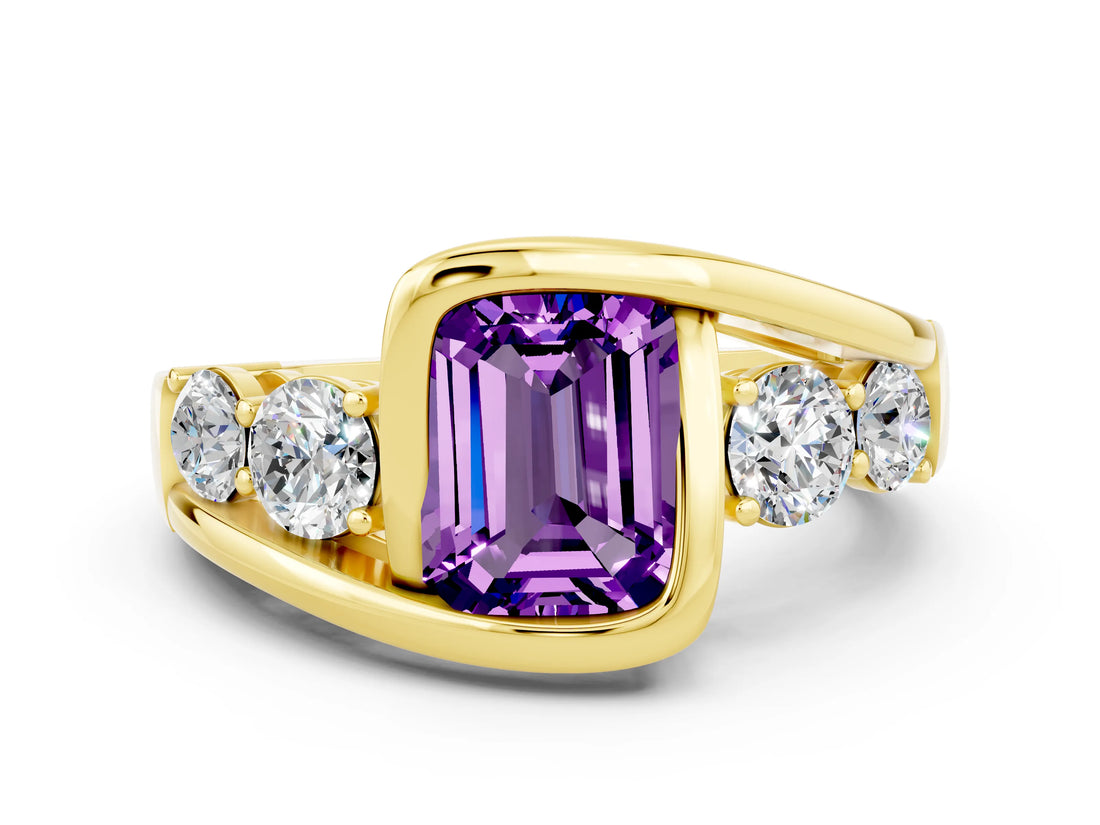 Yellow gold Bezel Set Emerald Cut Diamond Split Shank Ring