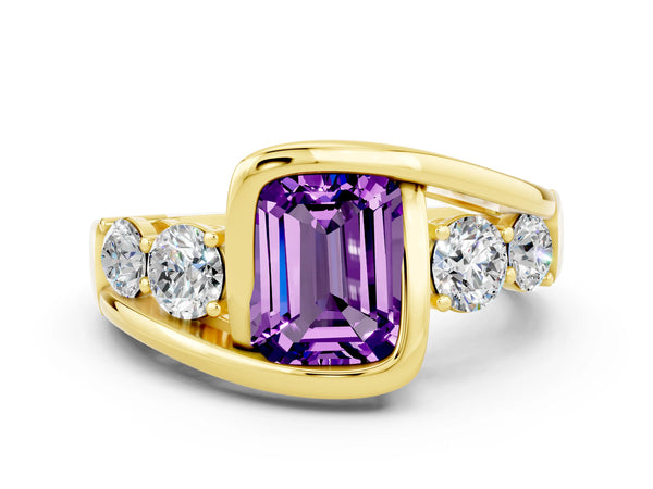 Yellow gold Bezel Set Emerald Cut Amethyst Bypass Ring with Round  Accents