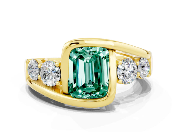 Yellow gold Bezel Set Emerald Cut Green Sapphire Bypass Ring with Round  Accents