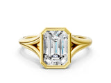 Yellow gold Bezel Set Emerald Cut Solitaire Ring with Tapered Band 1