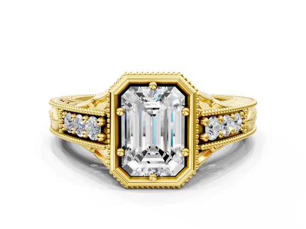 Yellow gold Bezel Set Emerald Diamond Milgrain Pave Engagement Ring