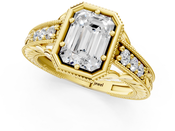 Yellow gold Bezel Set Emerald Diamond Milgrain Pave Engagement Ring