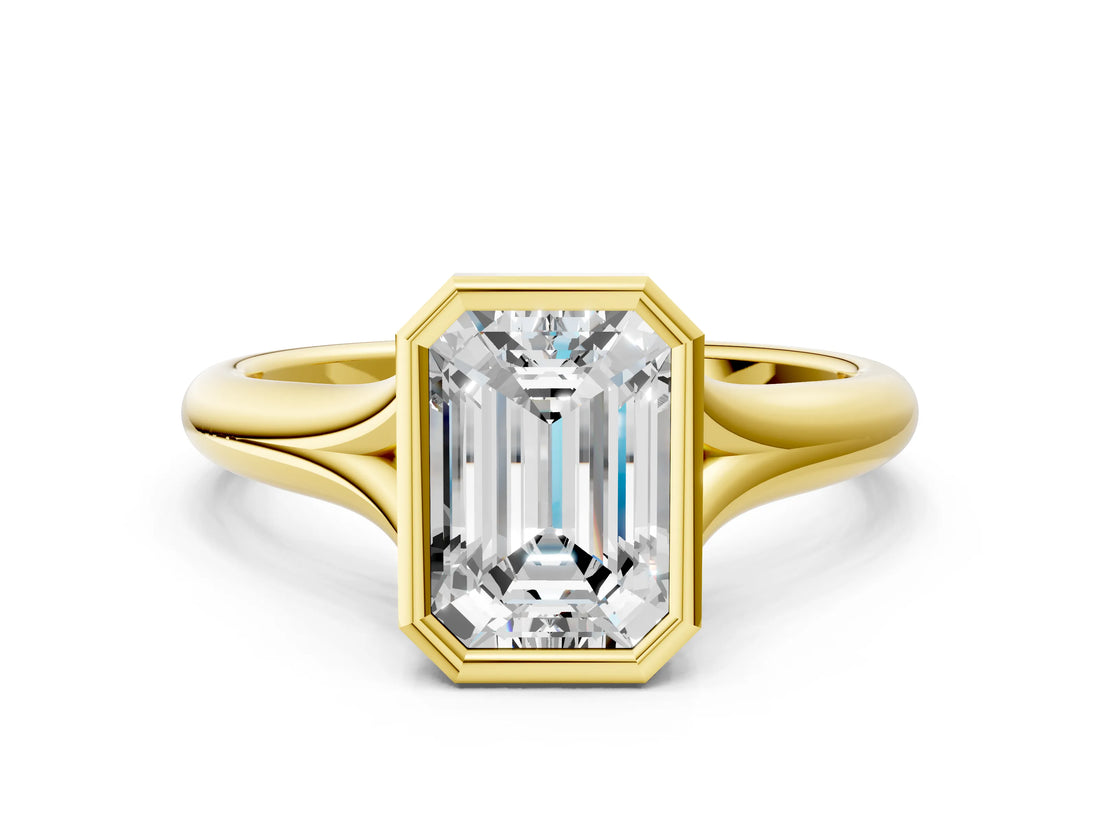 Yellow gold Bezel Set Emerald Solitaire Diamond Ring with Smooth Band 2