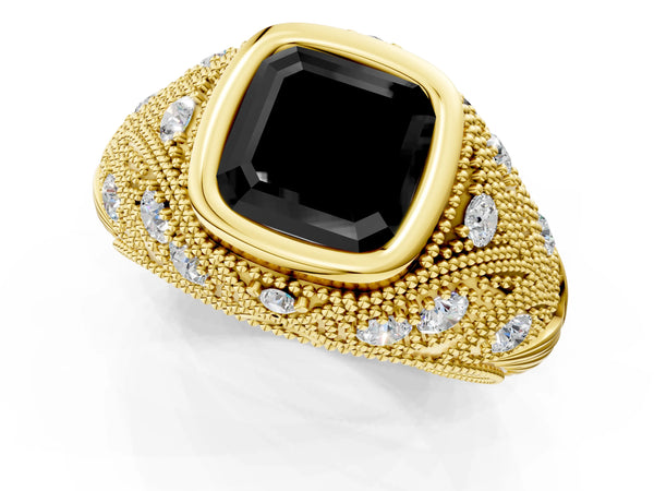 Yellow Gold Asscher Cut Vintage Bezel Engagement Ring Setting for Black Center with Milgrain