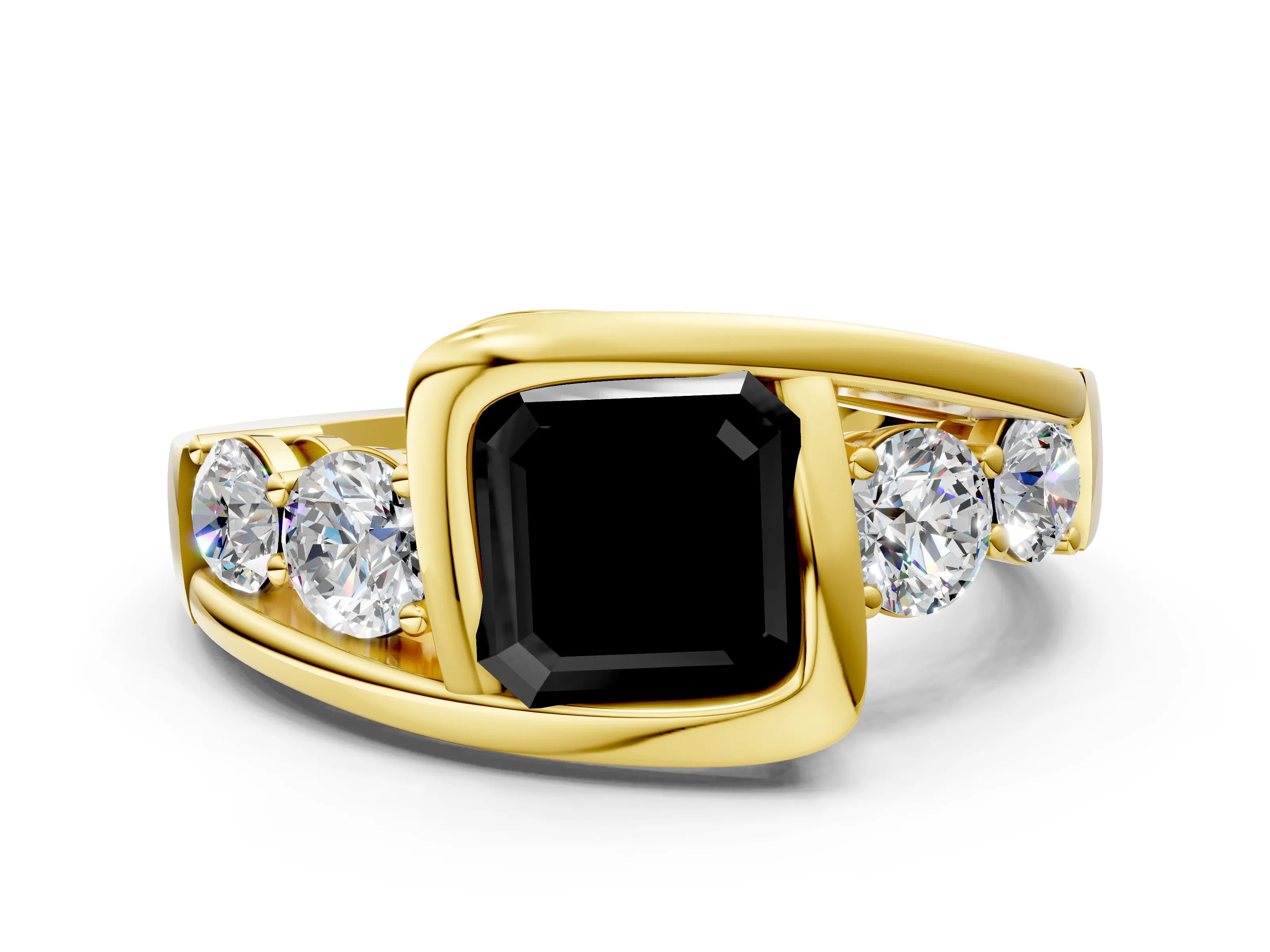 Yellow gold Bezel Set Fancy Black Asscher Cut Diamond Split Shank Ring