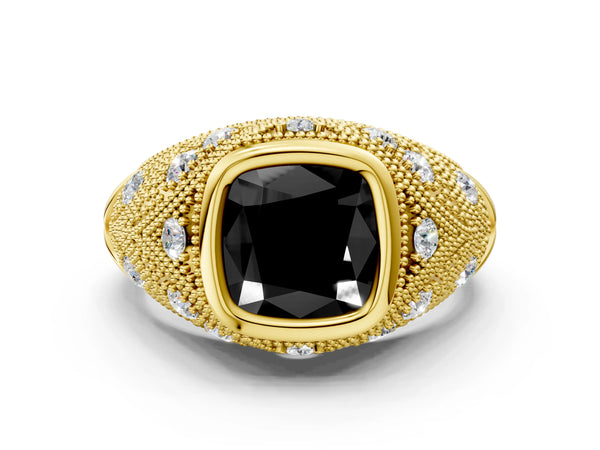 Yellow Gold Cushion Cut Vintage Bezel Engagement Ring Setting for Black Center with Milgrain