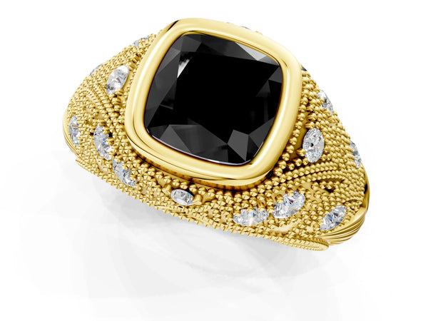 Yellow Gold Cushion Cut Vintage Bezel Engagement Ring Setting for Black Center with Milgrain