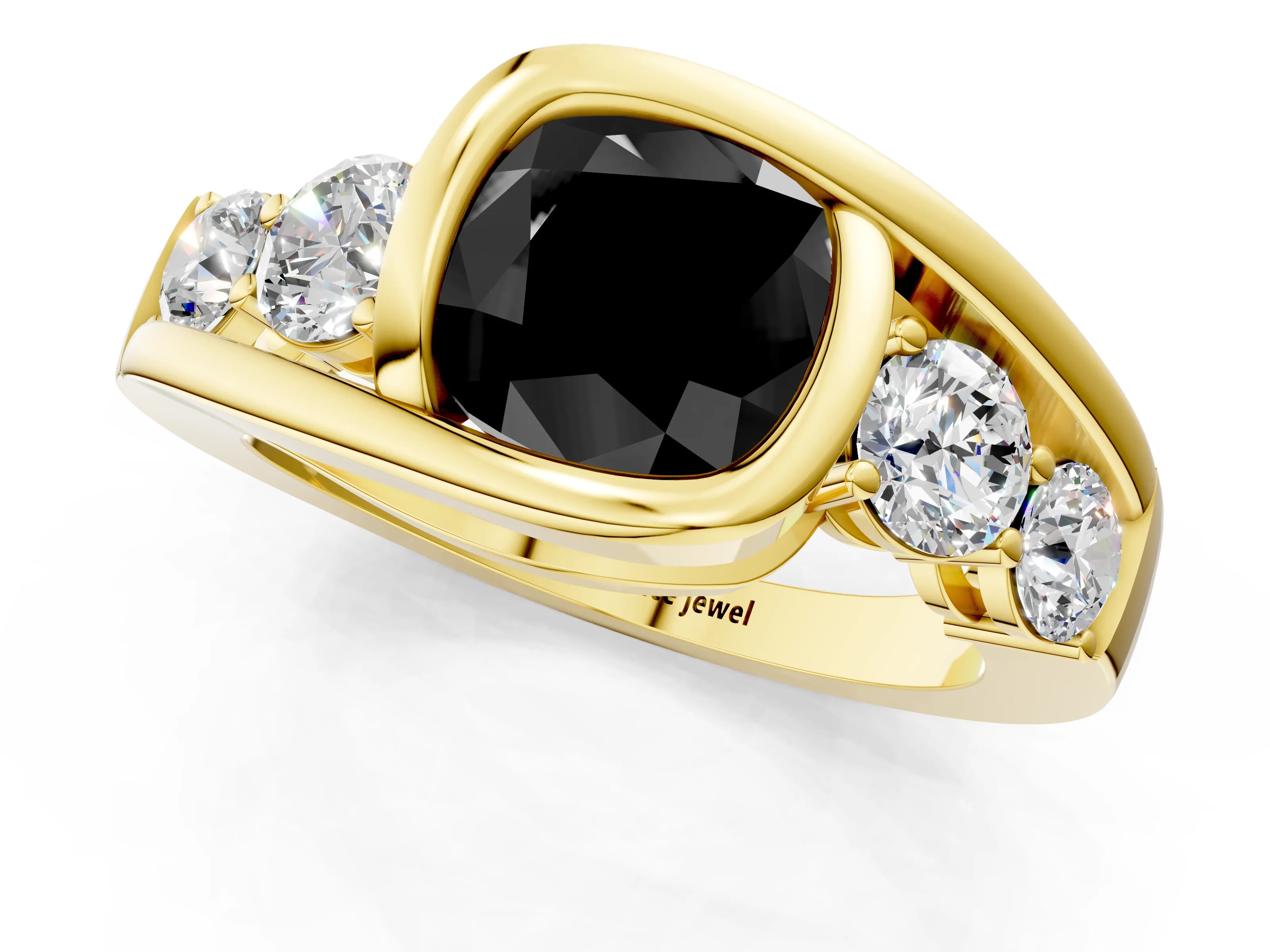 Yellow gold Bezel Set Fancy Black Cushion Cut Diamond Split Shank Ring_1