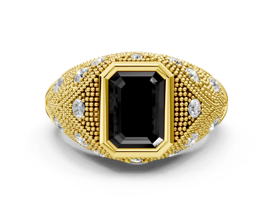 Yellow gold Bezel Set Fancy Black Emerald Cut Diamond Milgrain Band Ring