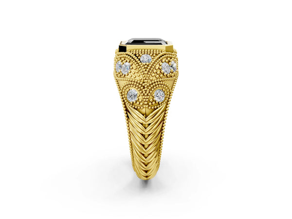 Yellow Gold Emerald Cut Vintage Bezel Engagement Ring Setting for Black Center with Milgrain