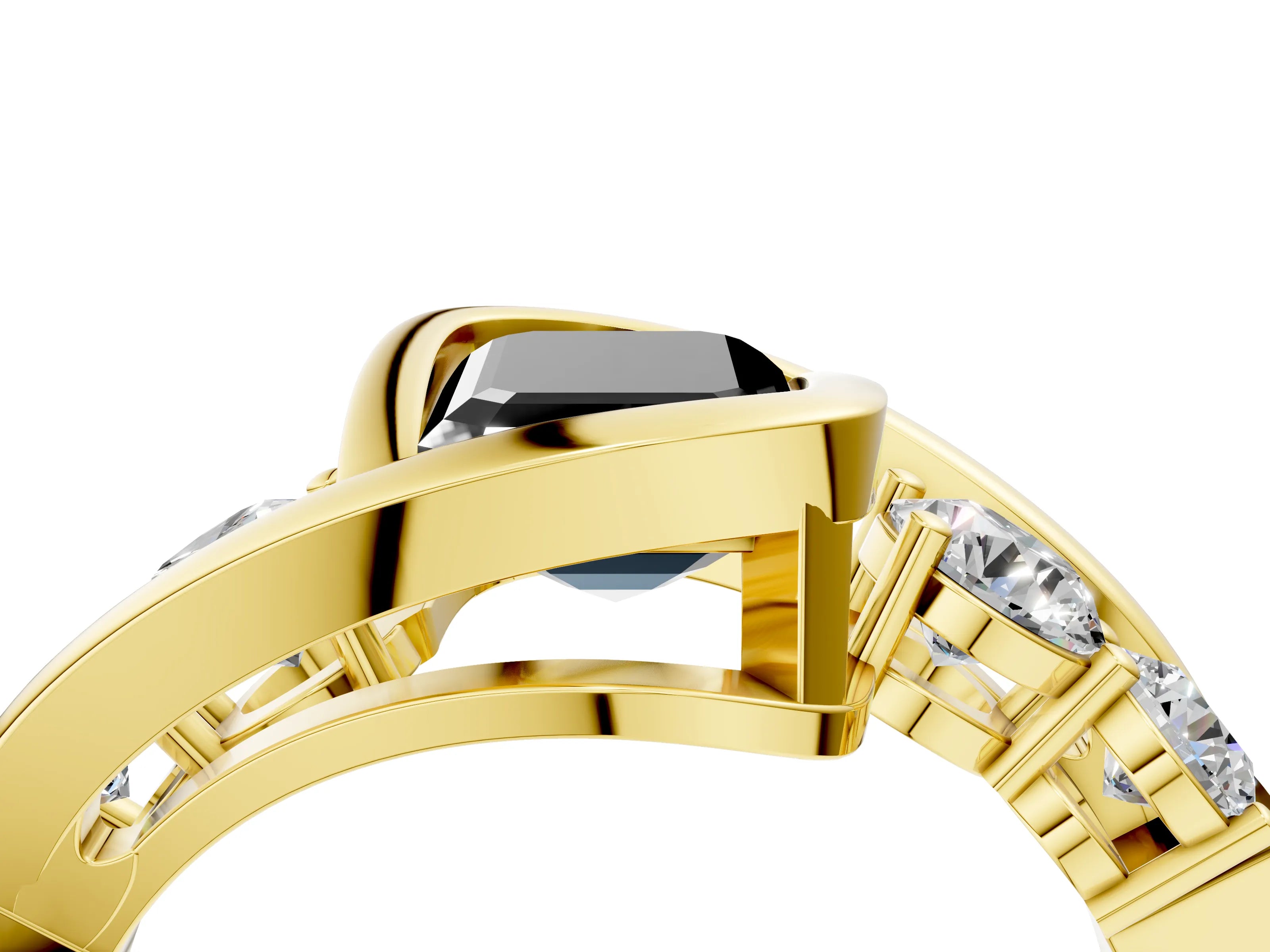 Yellow gold Bezel Set Fancy Black Emerald Cut Diamond Split Shank Ring_4