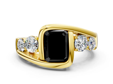 Yellow gold Bezel Set Fancy Black Emerald Cut Diamond Split Shank Ring