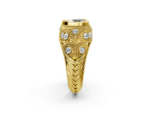 Yellow Gold Heart-Shaped Vintage Bezel Engagement Ring Setting for Black Center with Milgrain