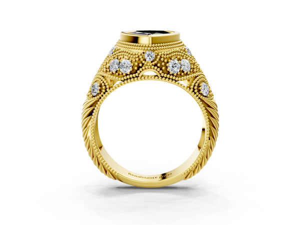 Yellow Gold Heart-Shaped Vintage Bezel Engagement Ring Setting for Black Center with Milgrain