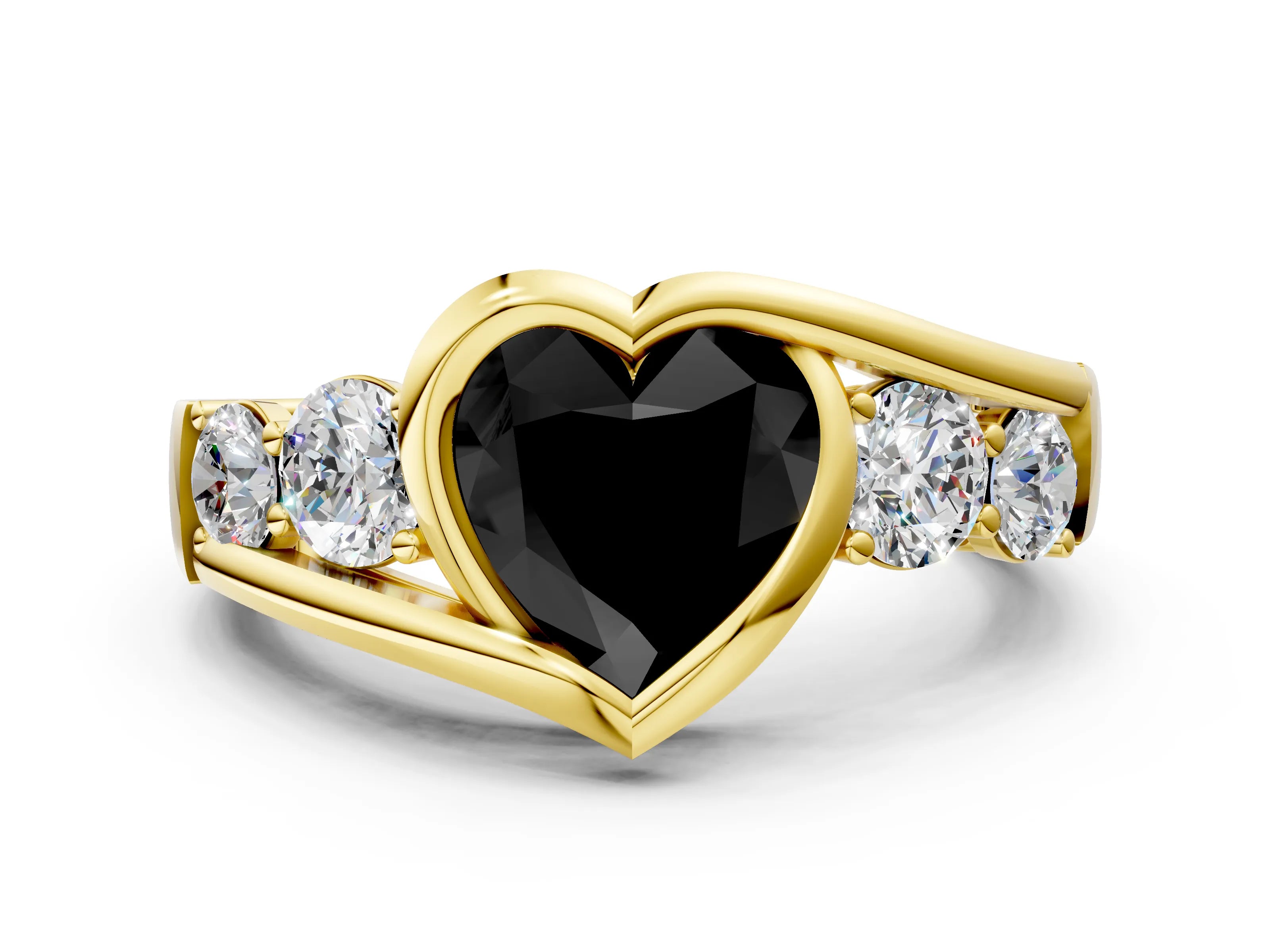 Yellow gold Bezel Set Fancy Black Heart Cut Diamond Split Shank Ring