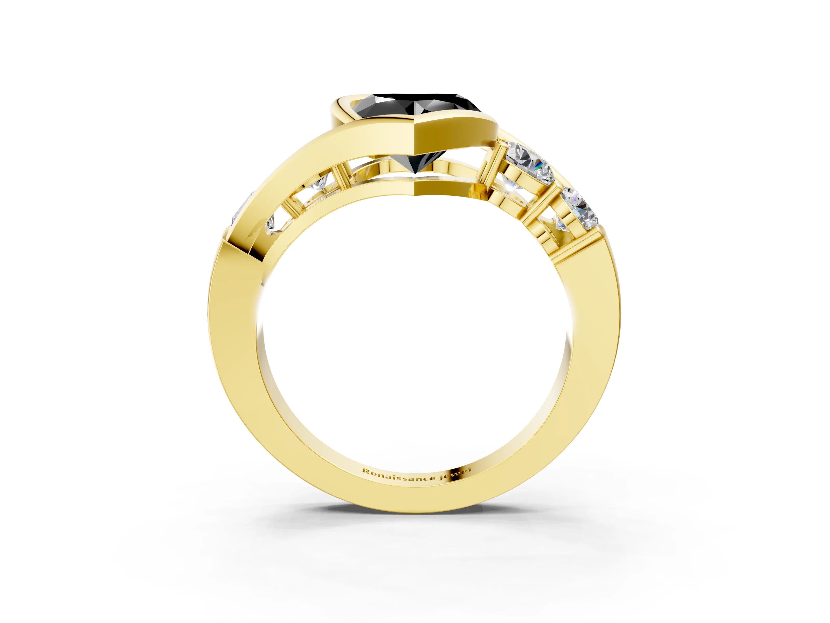 Yellow gold Bezel Set Fancy Black Heart Cut Diamond Split Shank Ring_3