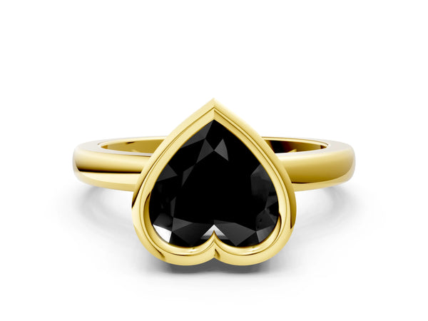 Yellow gold Bezel Set Fancy Black Heart Cut Solitaire Engagement Ring with Classic Band