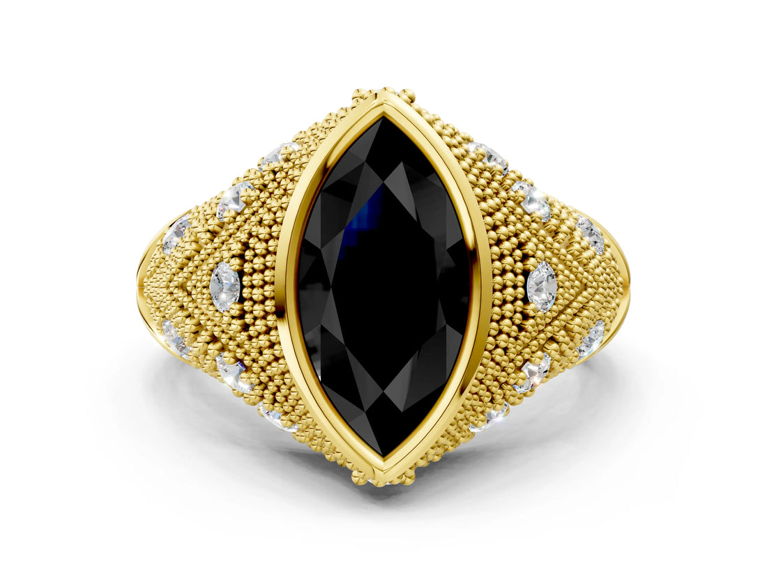 Yellow gold Bezel Set Fancy Black Marquise Cut Diamond Milgrain Band Ring