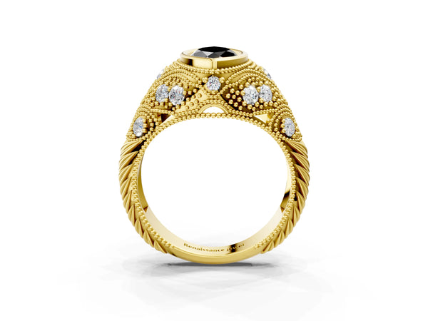 Yellow Gold Marquise Vintage Bezel Engagement Ring Setting for Black Center with Milgrain