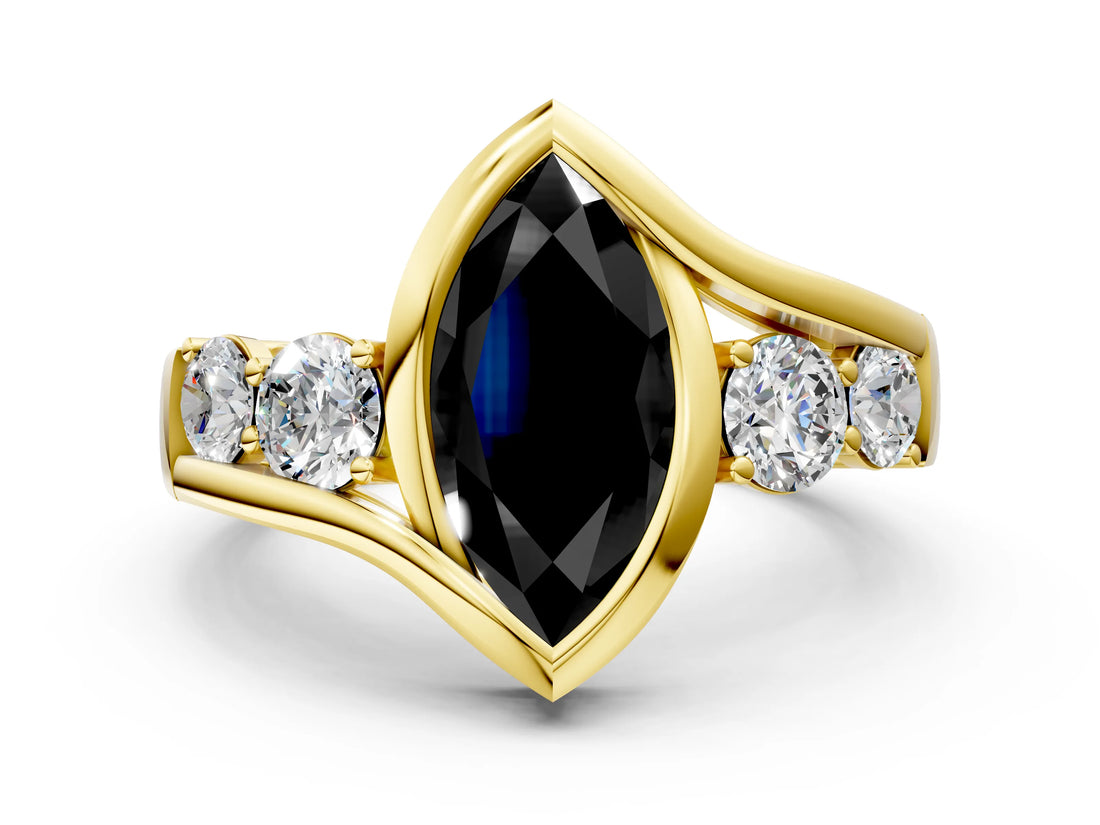 Yellow gold Bezel Set Fancy Black Marquise Cut Diamond Split Shank Ring