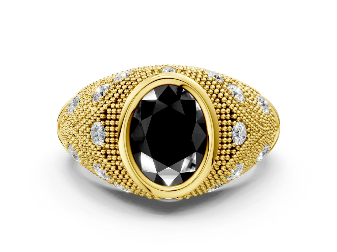 Yellow gold Bezel Set Fancy Black Oval Cut Diamond Milgrain Band Ring