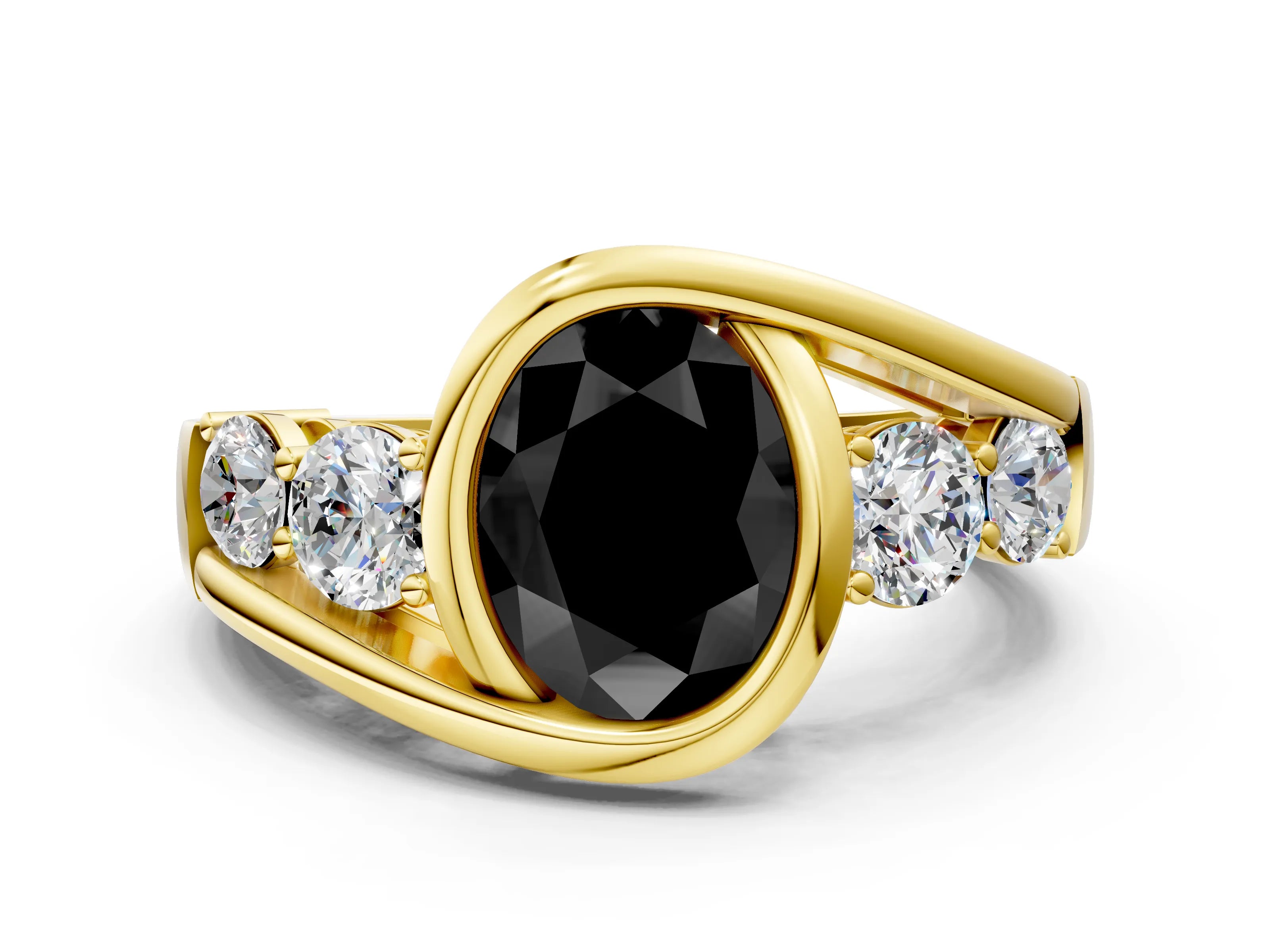 Yellow gold Bezel Set Fancy Black Oval Cut Diamond Split Shank Ring