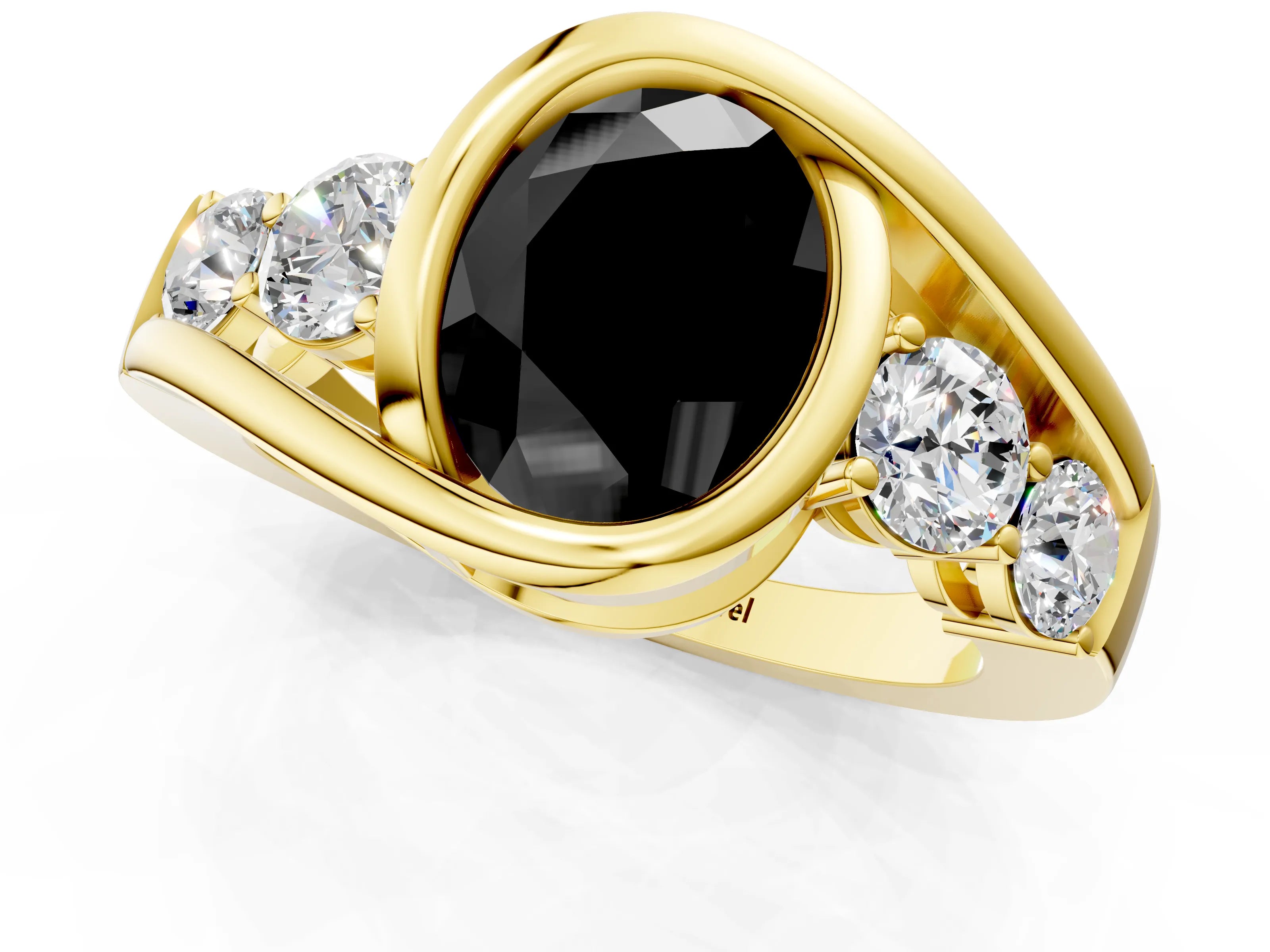 Yellow gold Bezel Set Fancy Black Oval Cut Diamond Split Shank Ring_1