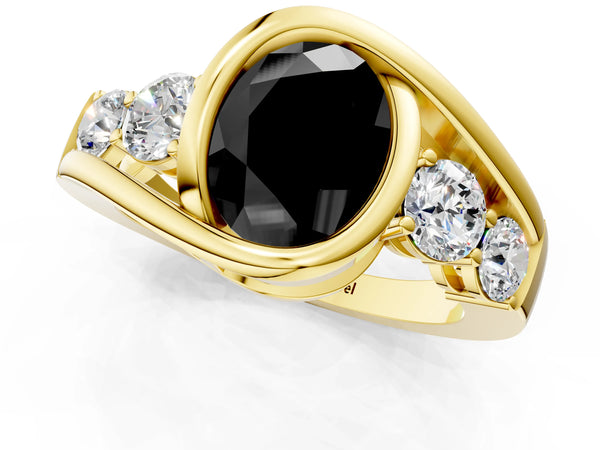 Yellow Gold Oval Bezel Bypass Engagement Ring Setting for Black Center with Round Side Accents