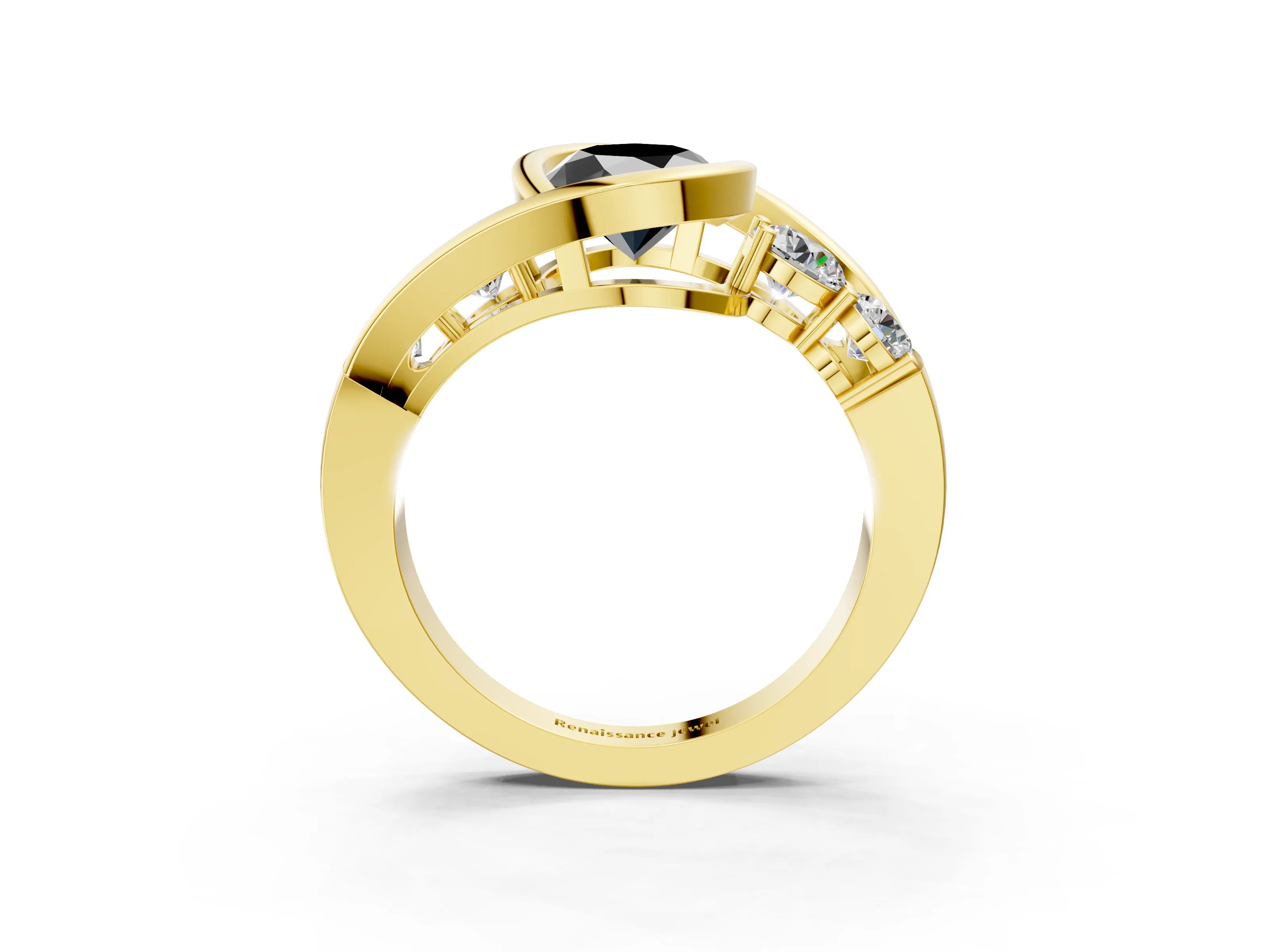Yellow gold Bezel Set Fancy Black Oval Cut Diamond Split Shank Ring_3