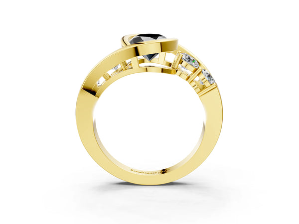 Yellow Gold Oval Bezel Bypass Engagement Ring Setting for Black Center with Round Side Accents