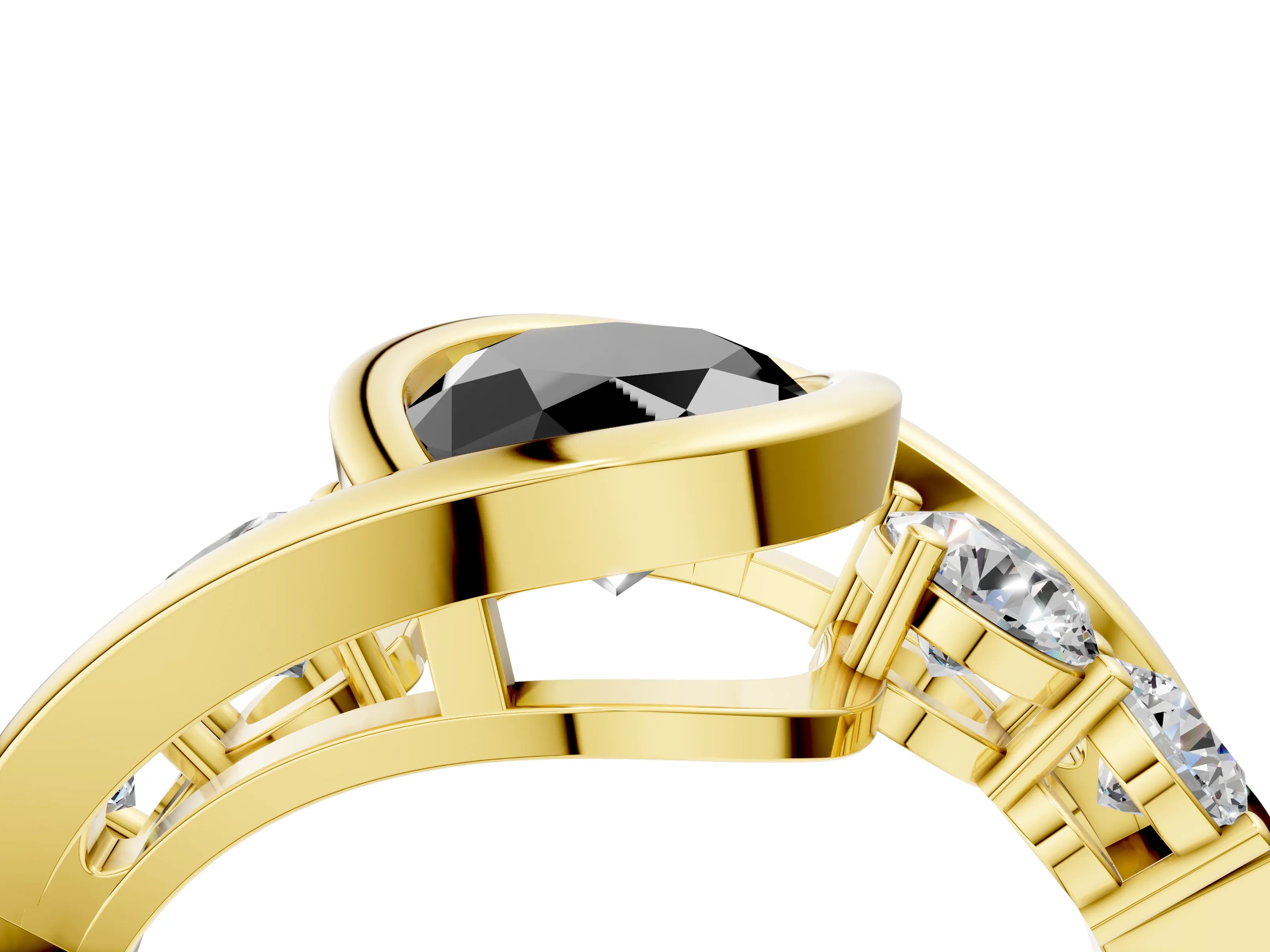 Yellow gold Bezel Set Fancy Black Oval Cut Diamond Split Shank Ring_4