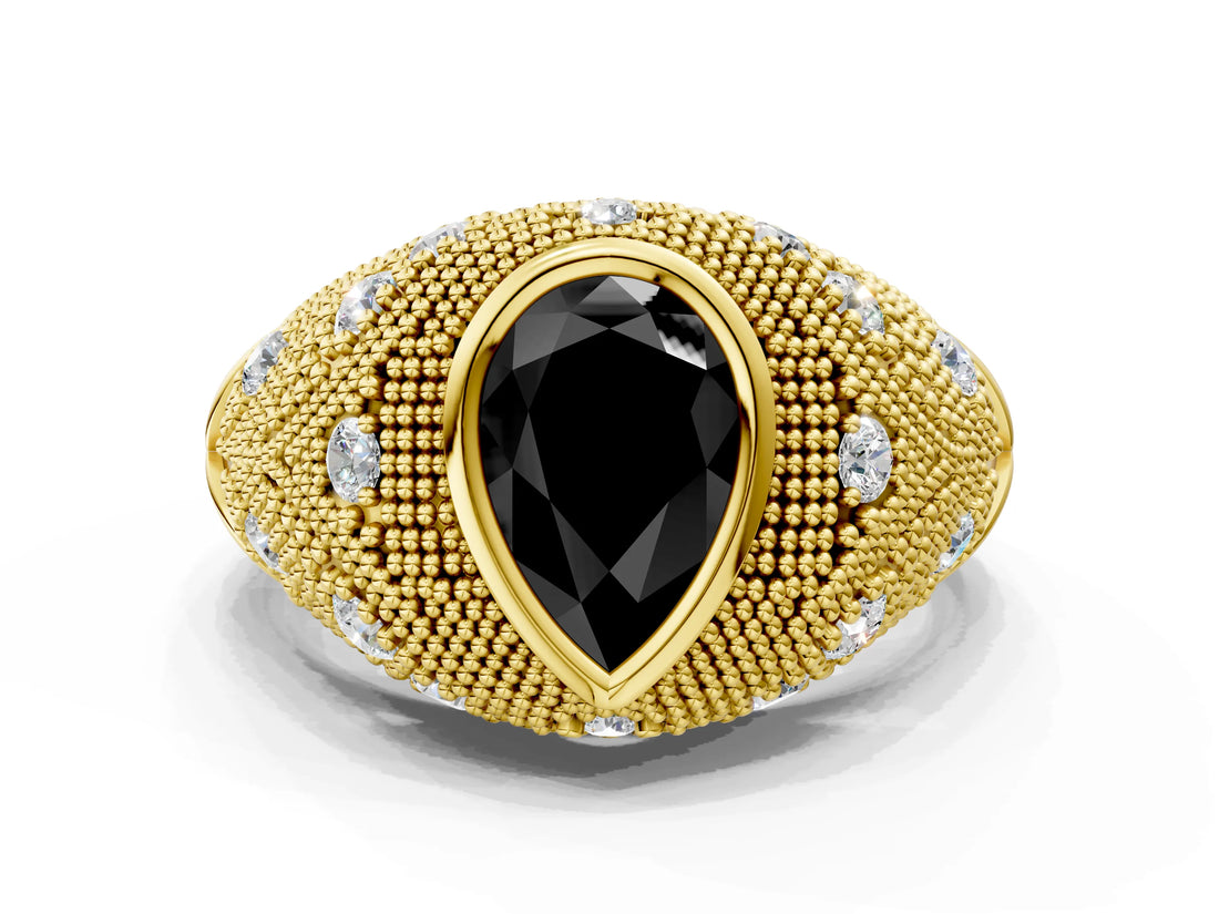 Yellow gold Bezel Set Fancy Black Pear Cut Diamond Milgrain Band Ring