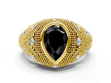 Yellow gold Bezel Set Fancy Black Pear Cut Diamond Milgrain Band Ring