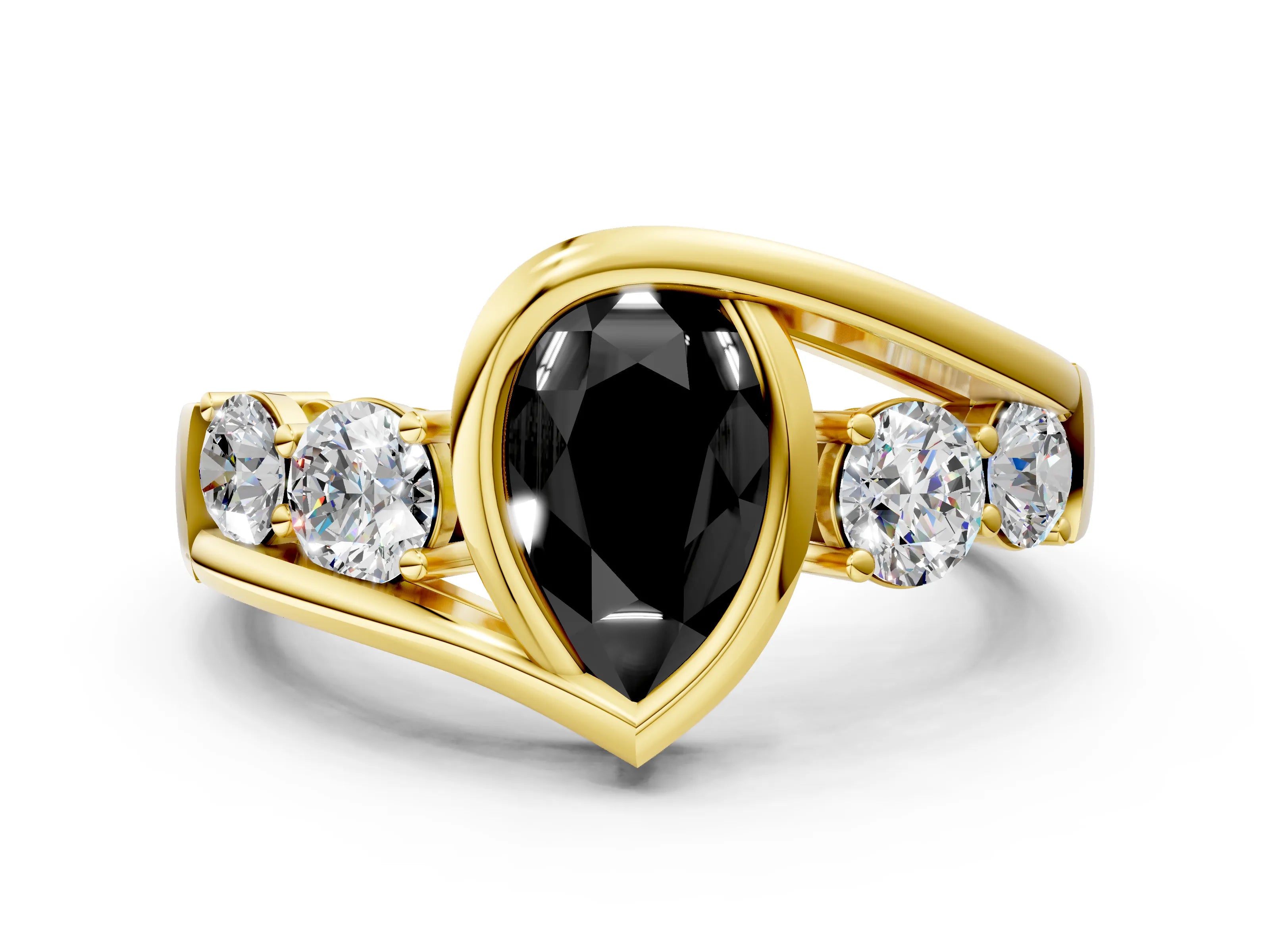 Yellow gold Bezel Set Fancy Black Pear Cut Diamond Split Shank Ring