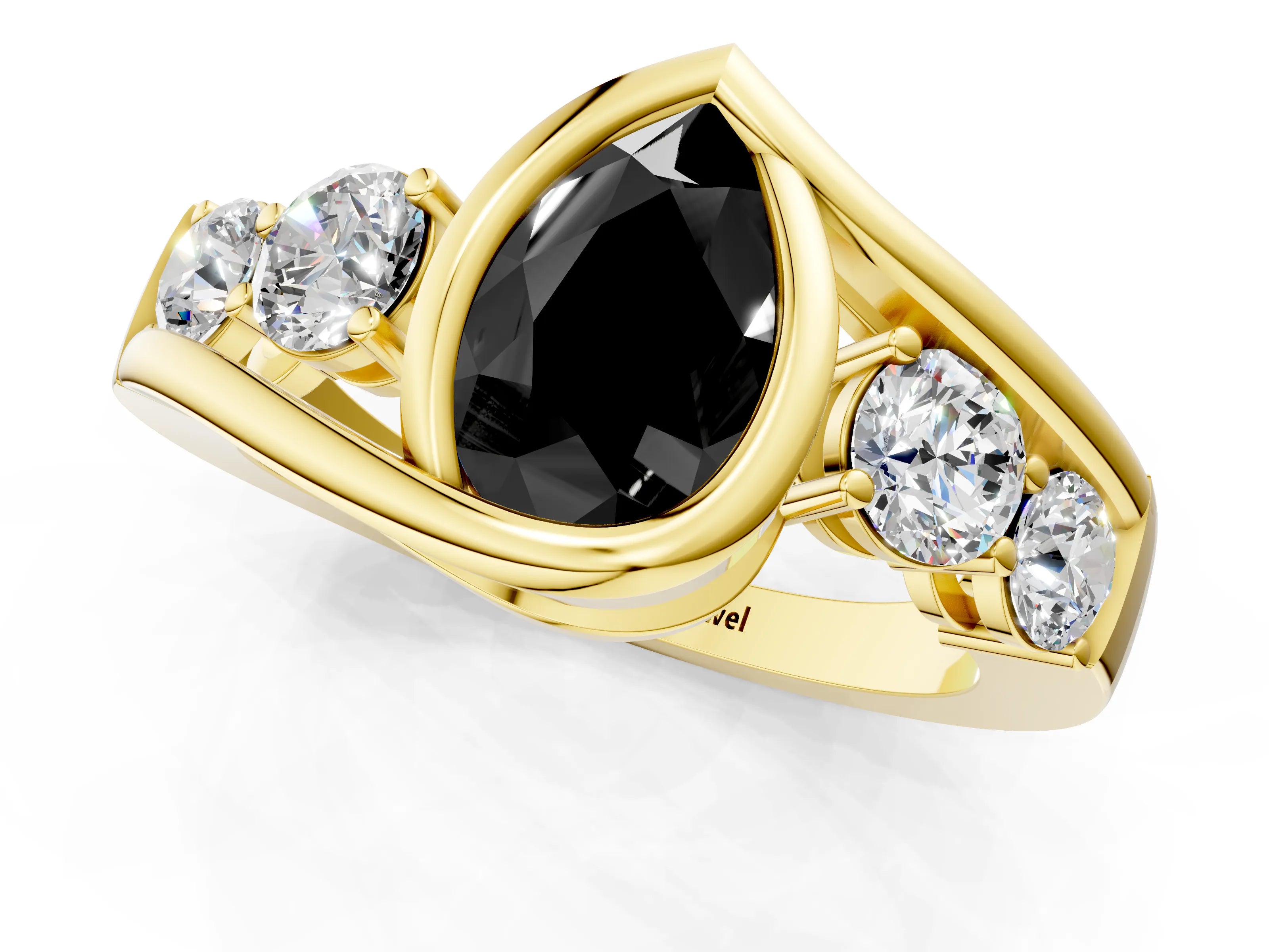 Yellow gold Bezel Set Fancy Black Pear Cut Diamond Split Shank Ring_1